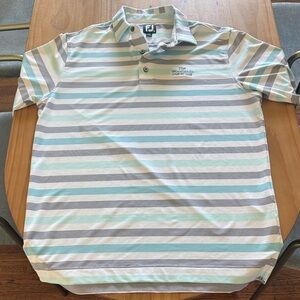 FootJoy Striped Polo in White, Light Blue, Gray.
